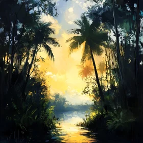 Lush Forest Scene with Palm Trees and River