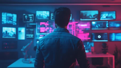 Man in Neon Tech Room