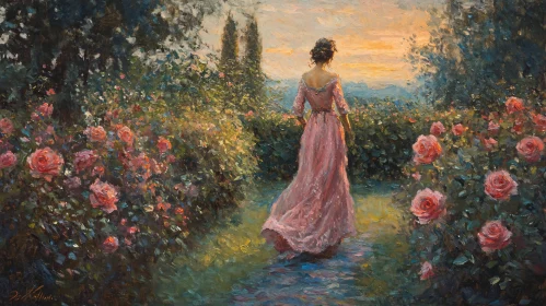 Lady in a Rose Garden at Sunset