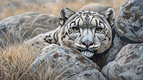 Resting Snow Leopard in Natural Habitat