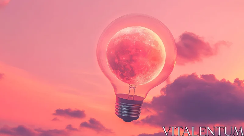 AI ART Surreal Lightbulb with Moon Interior in Pink Sky