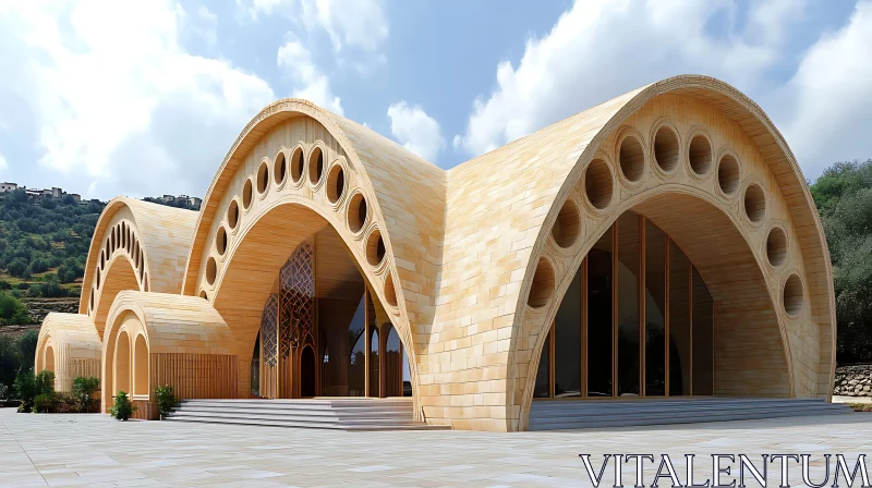 Innovative Wooden Building with Circular Window Elements AI Image