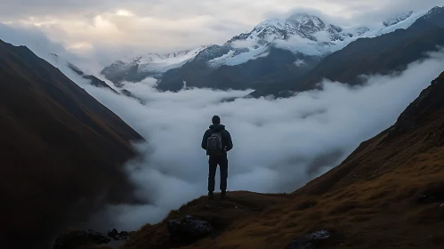 Man on Mountain Peak in the Clouds