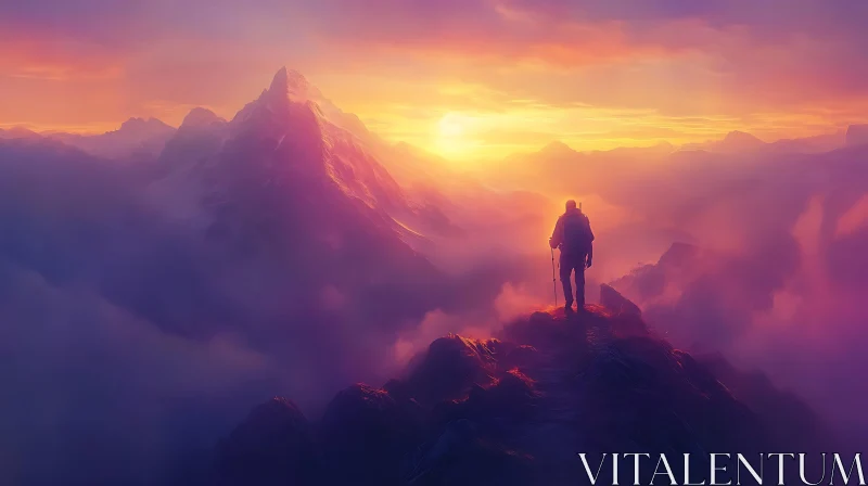 Hiker on Mountain Top at Sunset AI Image