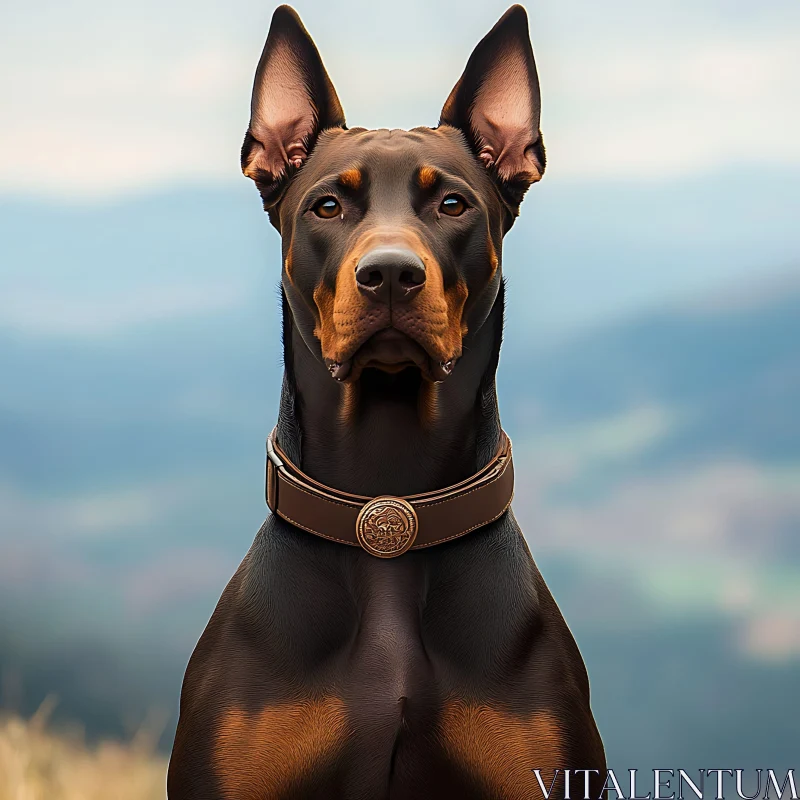 Regal Doberman Dog Portrait in Scenic Mountain Setting AI Image