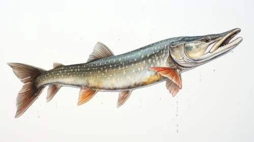 Watercolor Illustration of Pike Fish in Prairiecore and Caninecore Styles