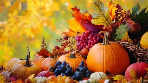 Pumpkins and Grapes Autumn Composition