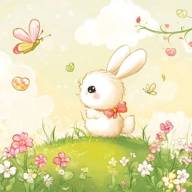 Whimsical Bunny with Butterflies and Flowers