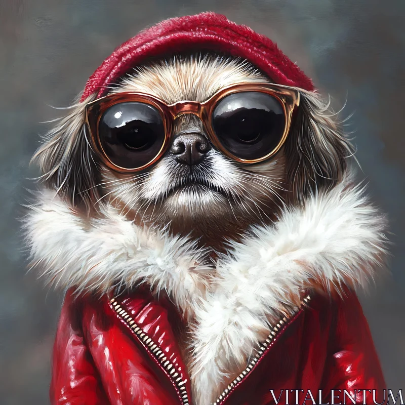 Fashionable Dog with Sunglasses and Red Jacket AI Image