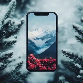 Phone Displaying Mountain Scene with Flowers