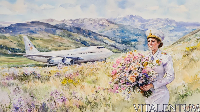AI ART Painting of Woman with Flowers and Airplane