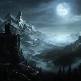 Night Mountain Scenery with Moon