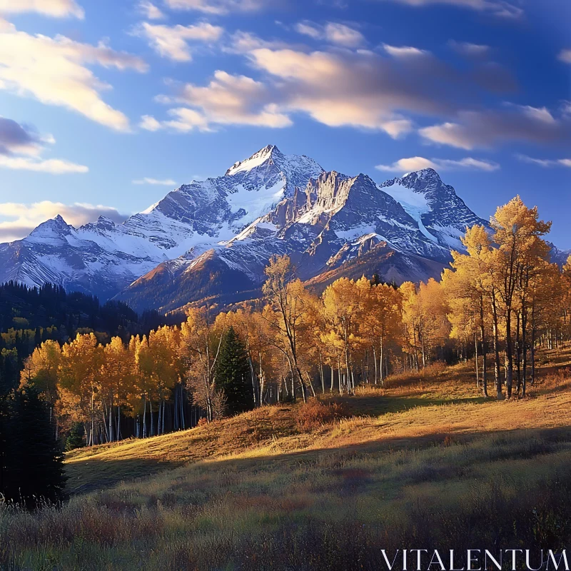 Snowy Peaks and Golden Trees AI Image