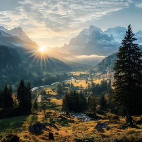 Sunrise Over Mountain Valley Landscape