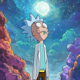 Animated Character Looking Up at Magical Sky