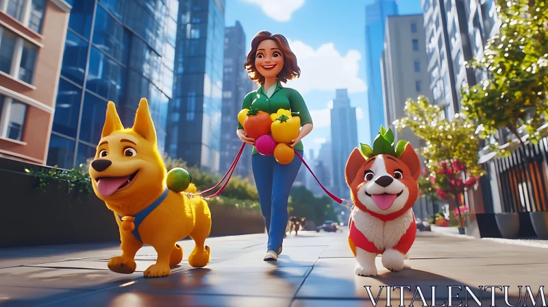 Animated City Walk with Happy Woman and Dogs AI Image