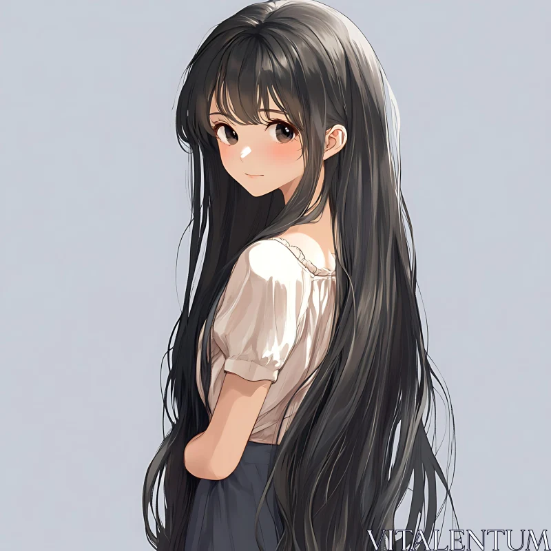 Shy Anime Girl with Flowing Hair AI Image