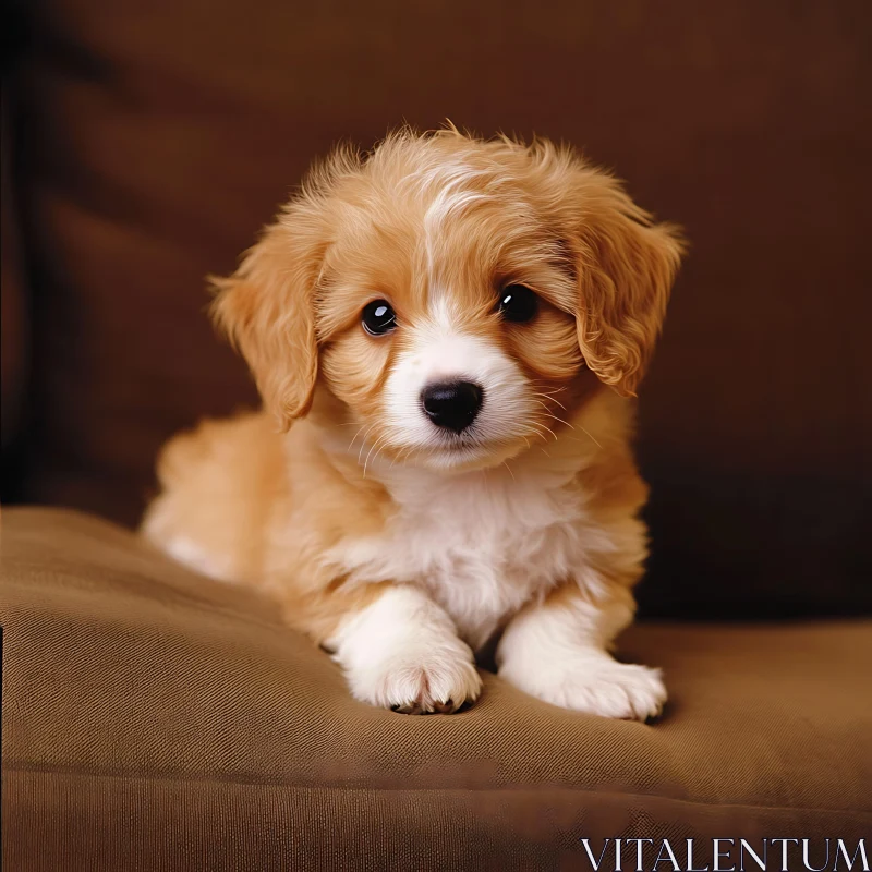 Cute Fluffy Puppy on Brown Couch AI Image