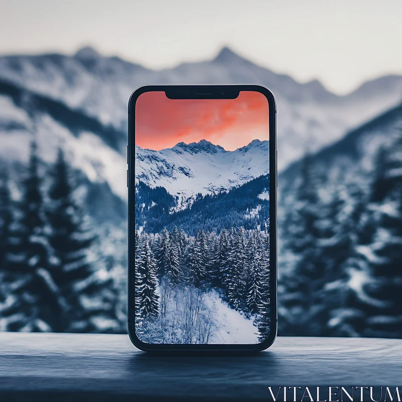 AI ART Snowy Peaks Displayed on a Smartphone