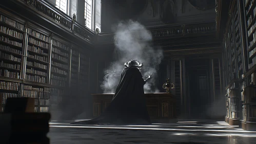 Sorcery Scene: Wizard Conjuring Magic in Library