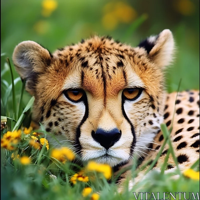 Resting Cheetah in Floral Meadow AI Image