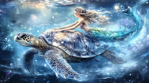 Aquatic Fantasy: Mermaid Riding a Turtle