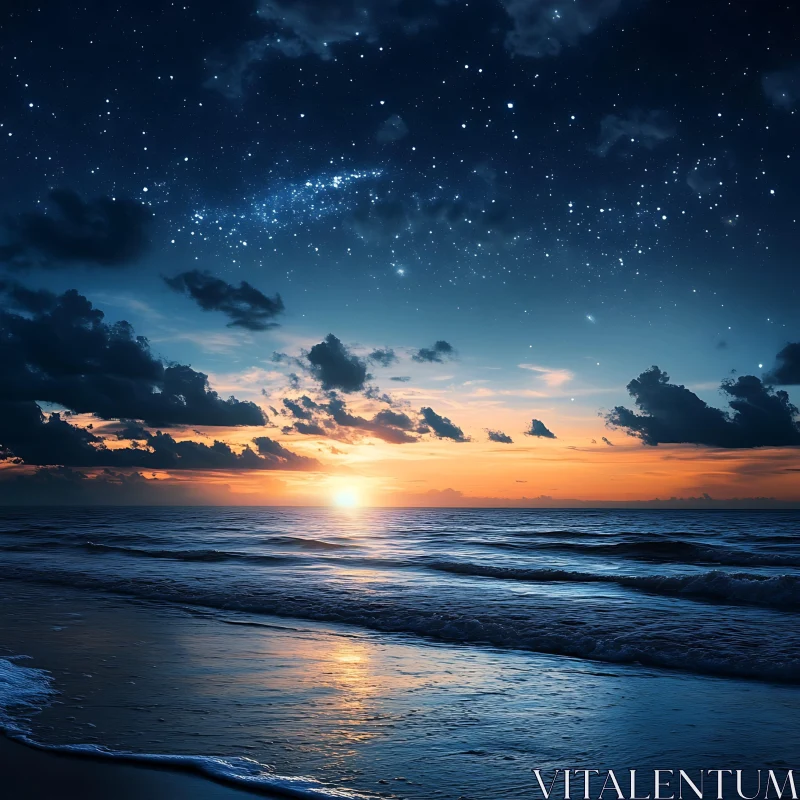 Seascape at Dusk: Stars and Sunset AI Image