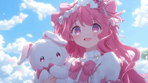 Cute Anime Girl with Stuffed Bunny