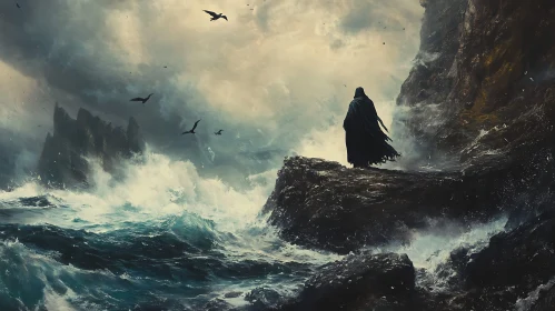 Stormy Sea and Lone Figure on Cliff