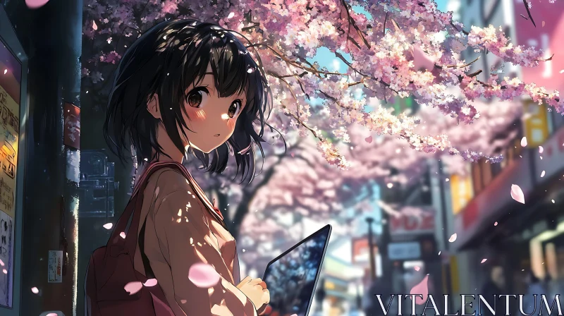 Serene Anime Scene with Girl and Cherry Blossoms AI Image