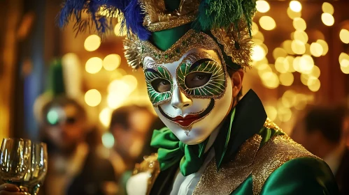 Mysterious Masquerade Character in Green and Gold