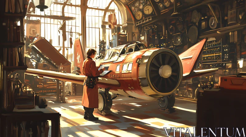 Vintage Aircraft in Workshop AI Image