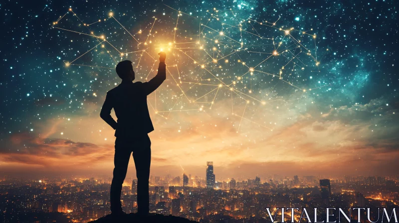 Man Reaching for the Stars in Cityscape AI Image