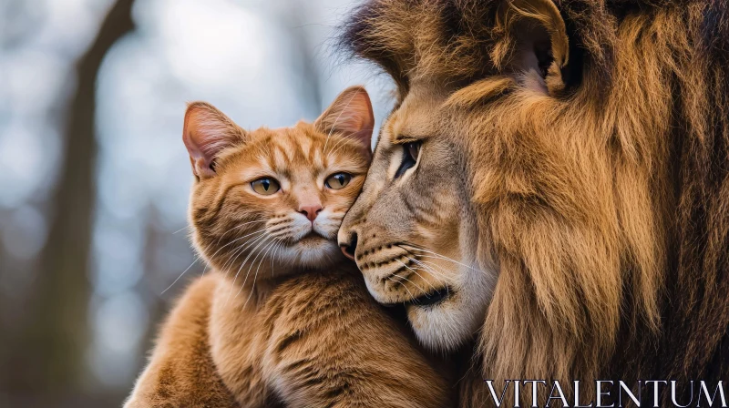 Gentle Giants: A Lion and Cat Embrace AI Image