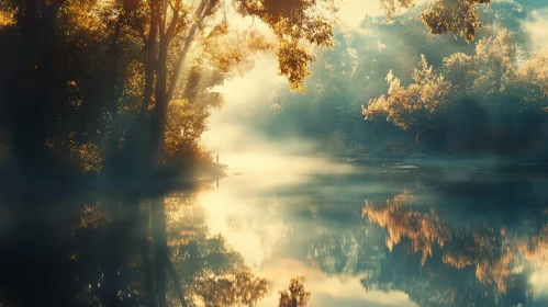 Misty River Reflecting Golden Trees at Dawn