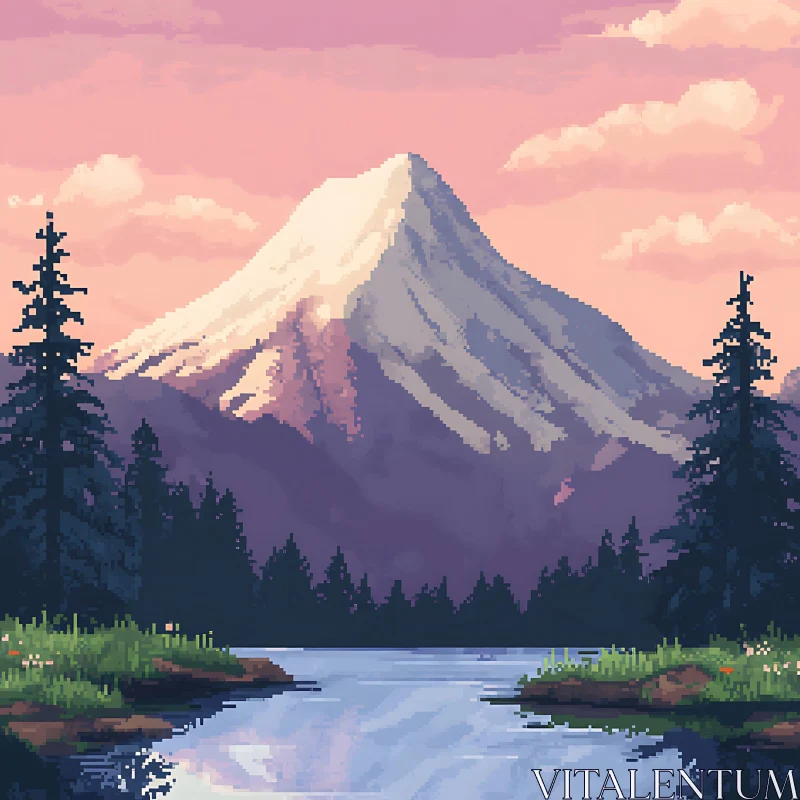 AI ART Peaceful Mountain Reflection Pixel Art