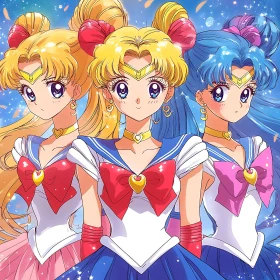 Three Anime Magical Girls in Sailor Uniforms