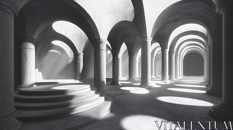 Symmetrical Light and Shadows in Stone Architecture AI Image