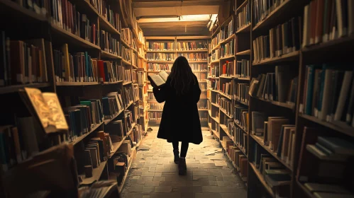 Woman Reading in a Book-Filled Library