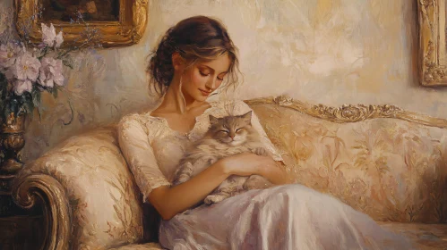 Serene Lady with Cat on Vintage Sofa