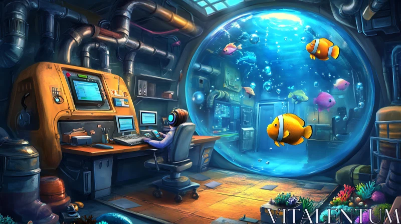 Futuristic Lab with Aquatic View AI Image