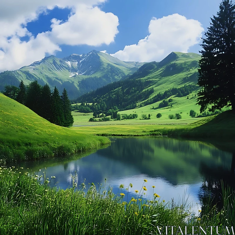 Green Mountains Reflecting in Lake AI Image