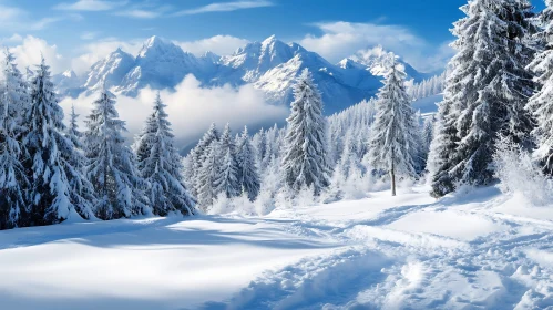 Snowy Forest and Mountain View