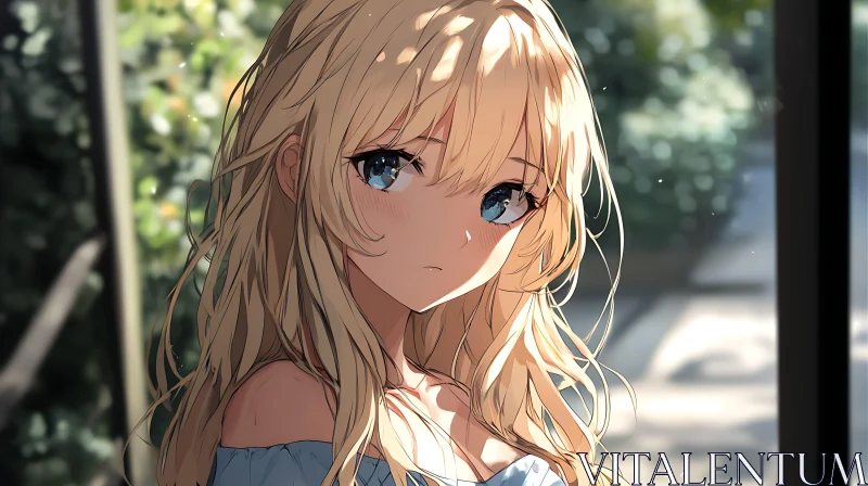 Blonde Anime Girl in Sunlit Outdoor Setting AI Image