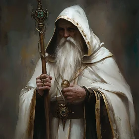 Enigmatic Wizard Holding Staff Illustration