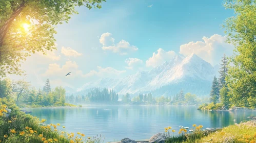 Idyllic Nature Scene with Lake and Mountains