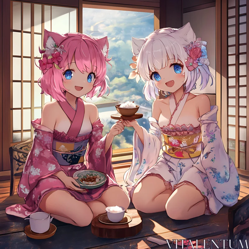 Delightful Anime Cat-Eared Characters in Kimonos AI Image