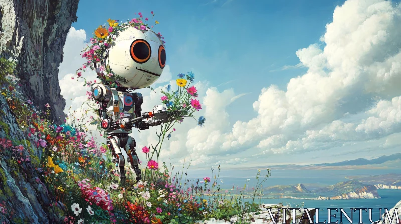 Robot in Bloom on a Cliffside AI Image