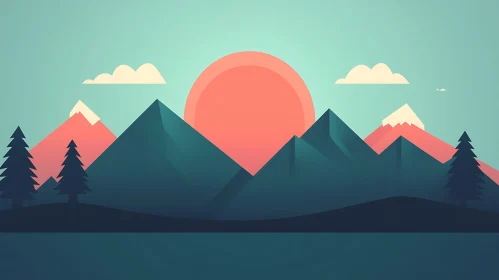 Flat Design Sunset Over Mountain Peaks