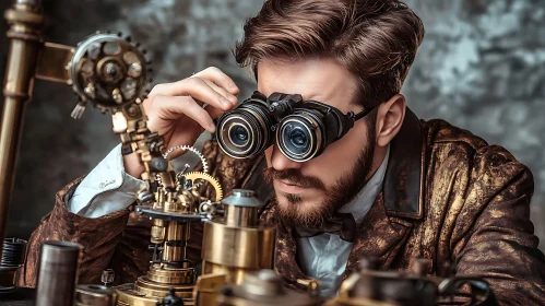 Man in Goggles Assembling Steampunk Device